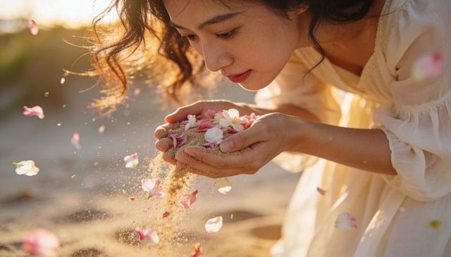 Young woman cupping sunlit sand and scattering pink petals on beach in flowy white dress