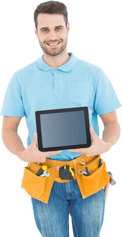 happy construction worker displaying transparent tablet screen - Download Free Stock Videos Pikwizard.com