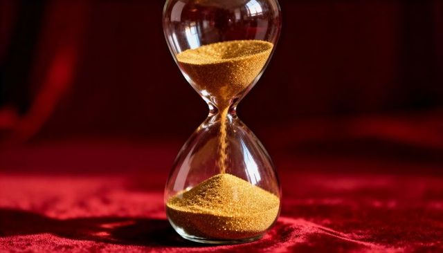 Golden hourglass pouring glittering sand on red velvet luxury time reflection concept
