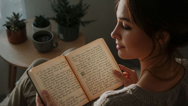 Woman reading handwritten journal in cozy knitted sweater with succulents and mug, warm daylight