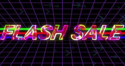 Neon Flash Sale Text on Futuristic Purple Grid Background