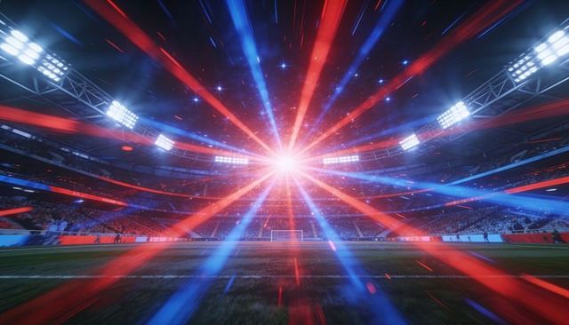 Stadium light explosion radiating red and blue beams over soccer pitch night spectacle