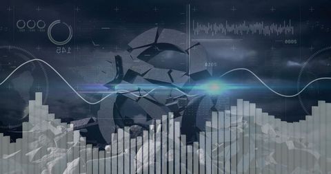 Fractured Metallic Sphere Amidst Data Charts Over Rocky Terrain