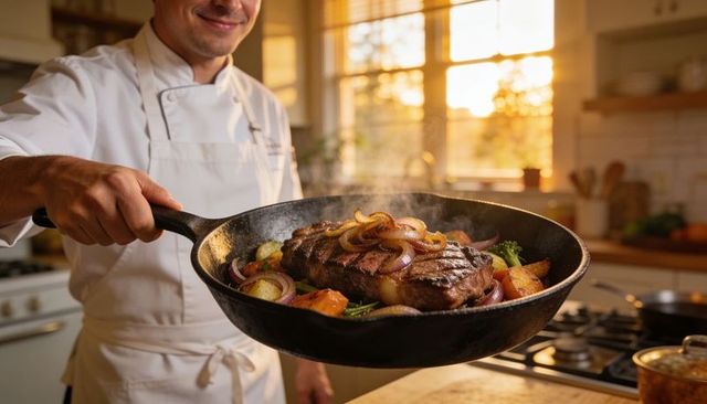 Chef presenting sizzling cast-iron skillet with grilled steak, sautéed onions, vegetables