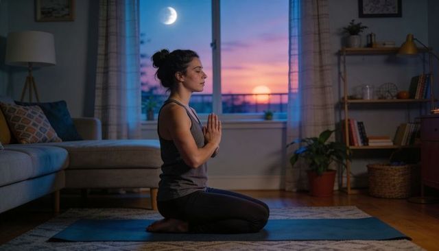 Twilight home meditation kneeling yoga practice on mat for mindfulness and evening calm