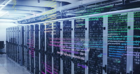 Data Processing Flow in Modern Server Room with Digital Interface Visuals
