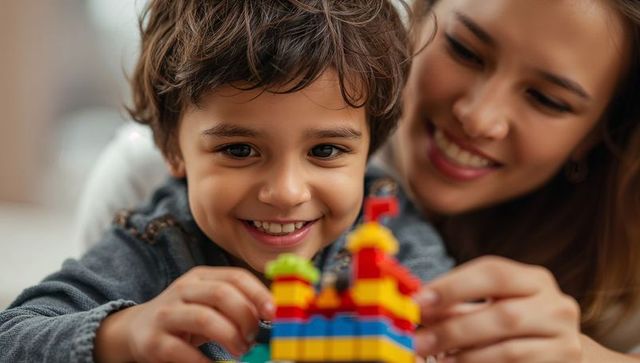 Smiling child building blocks playing with mother