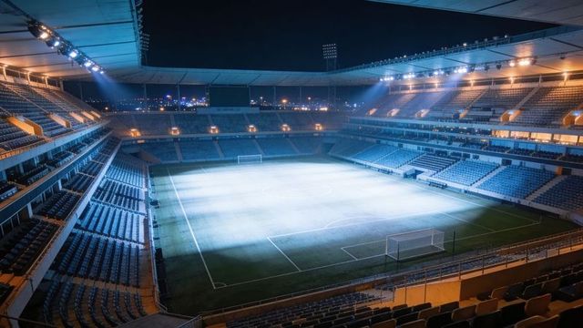 Empty modern soccer stadium glowing under floodlights at night with illuminated green pitch
