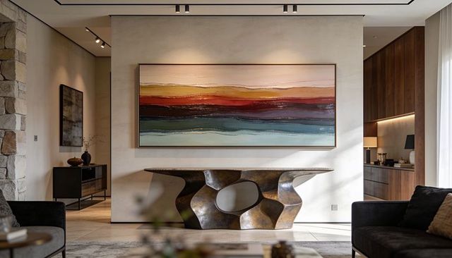 Bronze sculptural console featuring horizontal abstract landscape with layered color bands