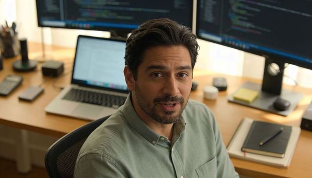Remote software developer working from home desk with laptop, dual monitors and notebook