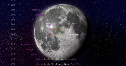 Moon overlaid with html code in outer space