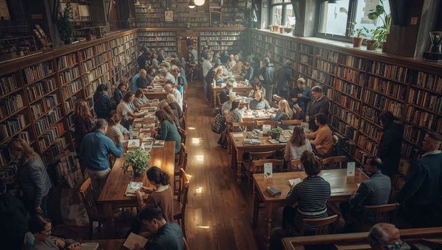 Sunlit historic library reading room with people studying at wooden tables