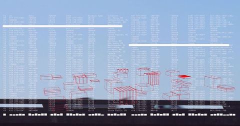 Digital dashboard displaying red wireframe blocks and white code columns