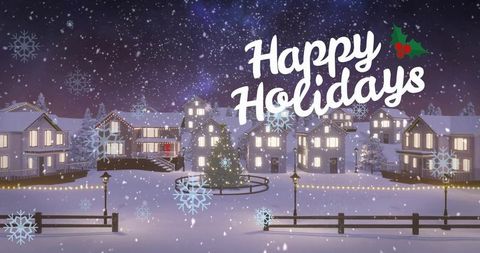 Happy holidays snowy village nightscape featuring lit evergreen, festive lights, starry sky