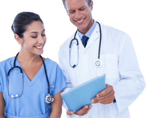 Transparent doctors collaborating with digital tablet