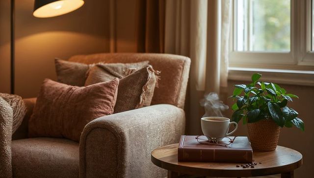 Cozy reading nook with textured armchair, steaming coffee cup, book and potted plant