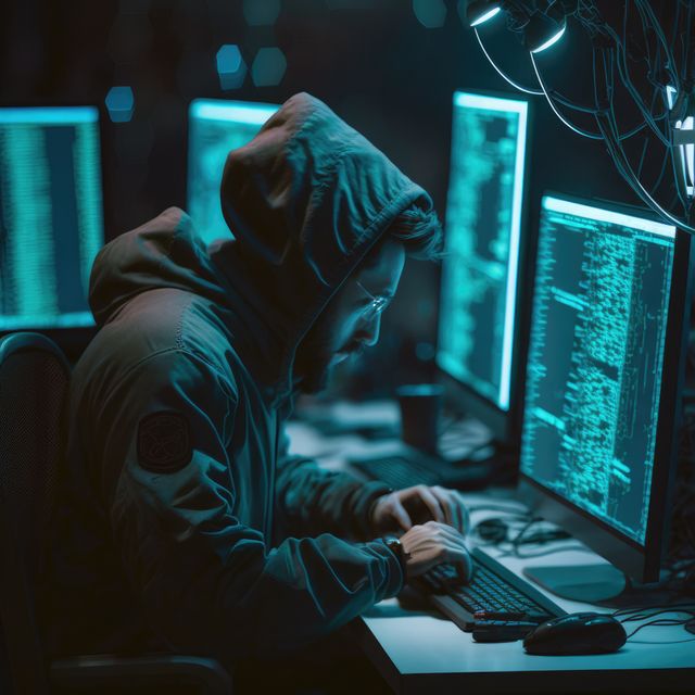 Hooded individual typing on keyboard, multiple monitors displaying code, tech environment. Ideal for articles or websites about cybersecurity, hacking, technology security, software development, and tech news. Can be used in educational content on data protection and coding.