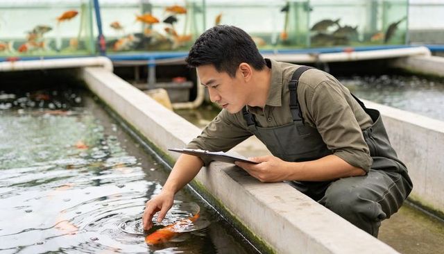 Aquaculture technician inspecting koi in concrete tanks while recording data with clipboard