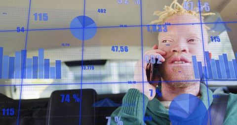 Driver talking on smartphone while viewing augmented reality data overlay and charts