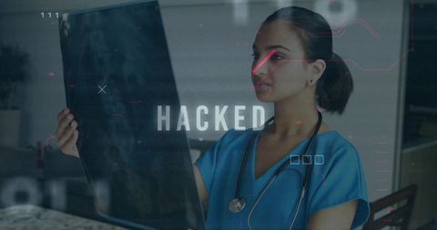 Indian nurse inspecting x-ray with hacked cybersecurity hud overlay, radiology data breach