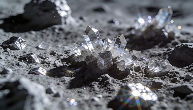 Prismatic crystal cluster sparkling and scattering light flares on lunar regolith surface