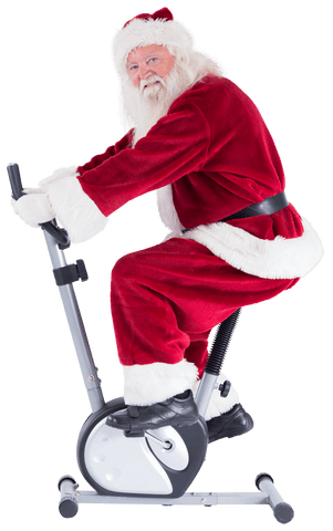 Santa Exercising on Stationary Bike with Transparent Background