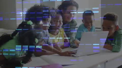 Teacher guiding five children during laptop coding lesson with blue data overlay animation