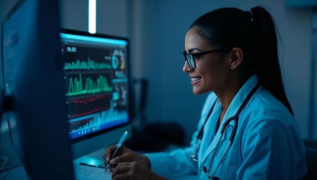 Female physician reviewing patient data on monitor using digital health analytics live dashboard