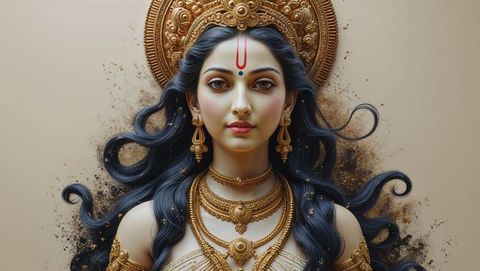 Divine Goddess Portrait with Golden Halo on Neutral Backdrop