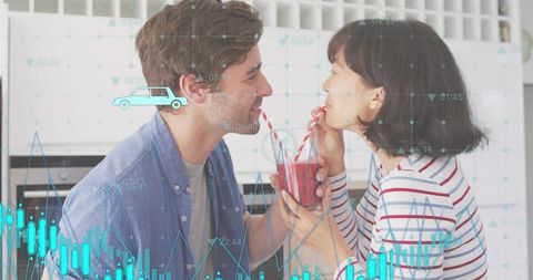 Couple sharing smoothie and sipping from same jar with striped straws and data overlay