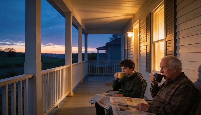 Grandfather and grandson sharing evening coffee on country porch at sunset