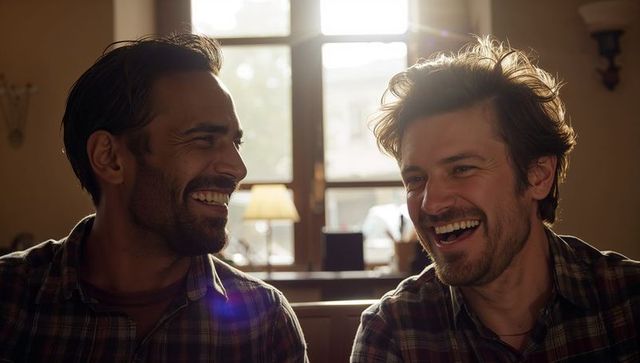 Two men laughing on sunlit couch sharing warm friendship and cozy conversation