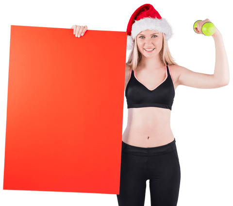 Transparent blonde woman in santa hat holding red poster and dumbbell