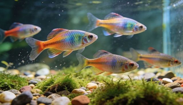 Iridescent rainbow danio school swimming over pebbled planted aquarium with moss and bubbles