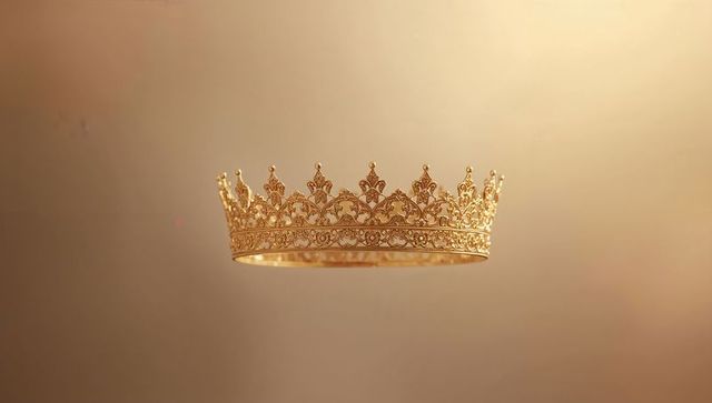 Floating ornate gold crown hovering over warm golden backdrop with intricate filigree