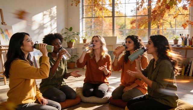 Sunlit wellness circle of diverse women drinking from reusable bottles in studio