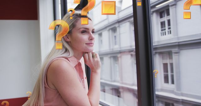 This image shows a businesswoman in an office setting looking out of a window with a thoughtful expression. Question marks superimposed over the scene add a visual representation of curiosity and contemplation. Useful for illustrating concepts related to decision making, planning, contemplation, future thinking, or uncertainty. Suitable for articles, blog posts, and presentations on topics such as business strategy, personal reflection, or entrepreneurship.