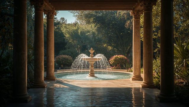 Sunlit classical fountain in columned courtyard with reflecting pool and lush garden oasis