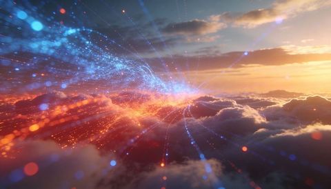 Streaming blue-orange particle ribbons arcing over sunlit cloudscape during golden hour