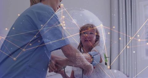 Nurse measuring blood pressure in hospital room with digital overlay