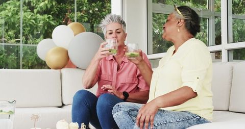 Happy Senior Lesbian Couple Celebrating with Drinks on Sofa