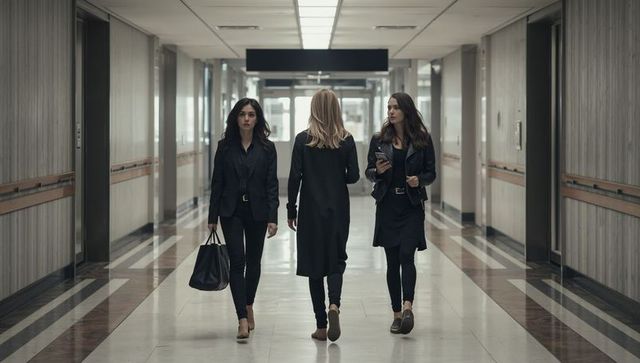 Three professional women walking confidently down corporate corridor in business attire