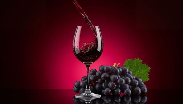 Pouring red wine from bottle near bunch of dark grapes on red background