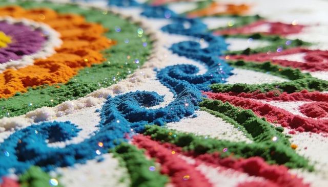 Vibrant rangoli sand mandala closeup with glittering powder and raised ridges