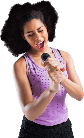 Biracial woman ecstatically singing with microphone on transparent background