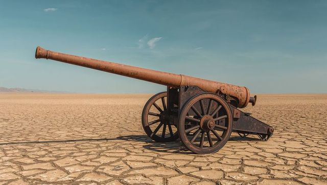 Rusted Historical Cannon on Parched Dry Lakebed