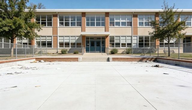 Framing two-story beige brick school building with blue double doors and fenced concrete courtyard