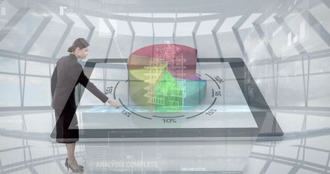 Businesswoman interacting with futuristic data visualization