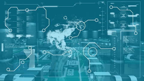 Futuristic Interface Overlay on Circuit Board with Spinning Globe