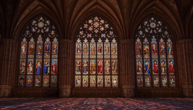 Sunlight illuminating stained glass windows in cathedral